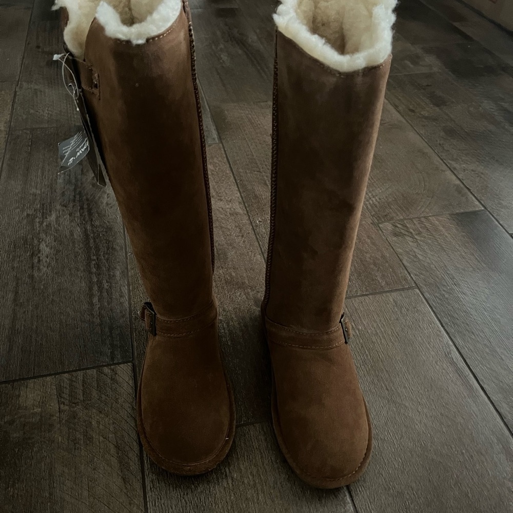 BearPaw Tan Knee-High Boots with Shearling